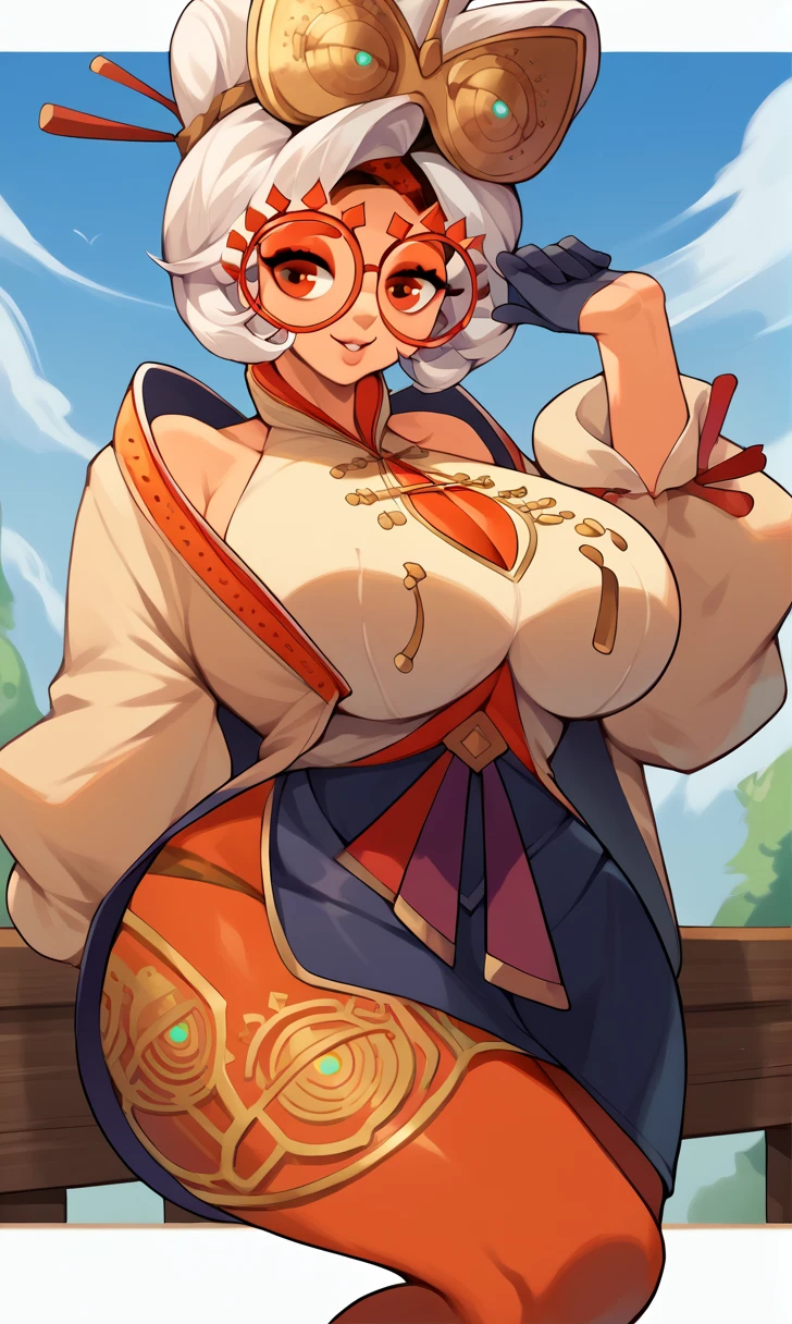 score_9, score_8_up, score_7_up, score_6_up, score_5_up, score_4_up, (source_anime), purah,
1girl,  huge breasts, narrow waist, thick thighs,  hair ornament, red headband, red glasses, sleeveless shirt, white coat, black skirt, red leggings, gloves, high heels, outdoors, happy,