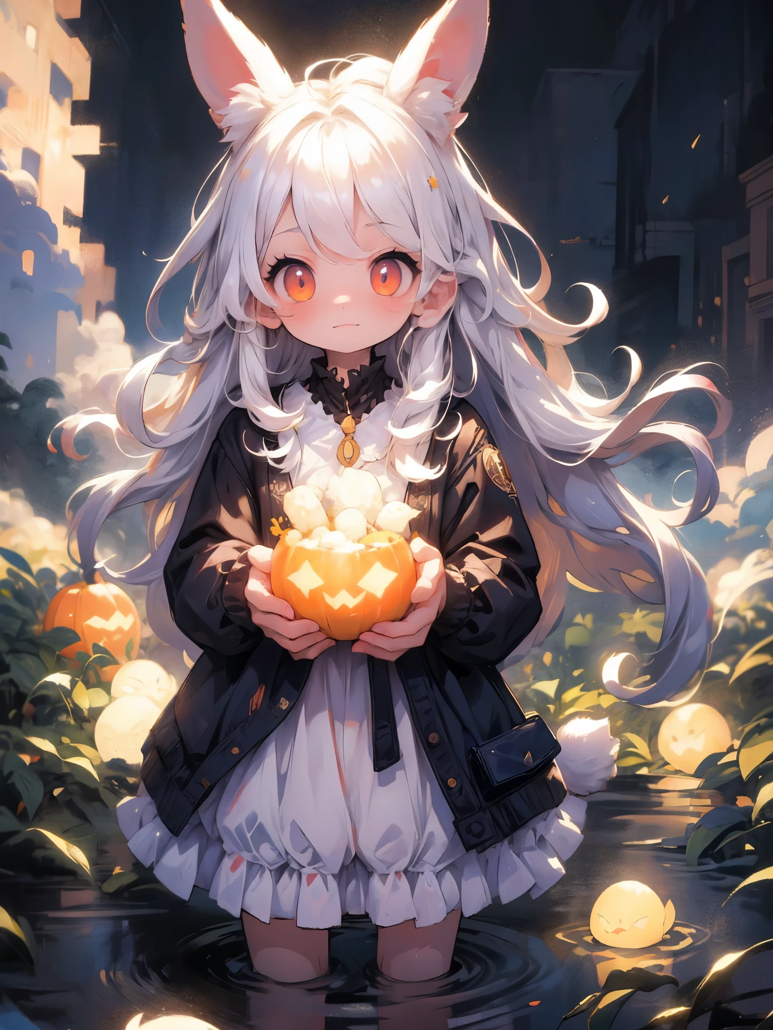 (solo:1.2),1girl\((chibi:1.6),cute,kawaii,small kid,(white hair:1.7),(very long hair:1.7),bangs,(ear\(fluffy white bunny-ear\):1.4),(1 bunny tail:1.3),(red eye),big eye,beautiful shiny eye,skin color white,big hairbow,(white frilled dress:1.3),breast, (wearing jack-o'-lantern helmet1.4)\), BREAK ,background\(dark woods, dead trees, horror mood, Halloween night\), quality\(8k,wallpaper of extremely detailed CG unit, ​masterpiece,hight resolution,top-quality,top-quality real texture skin,hyper realisitic,increase the resolution,RAW photos,best qualtiy,highly detailed,the wallpaper,golden ratio\), BREAK , BREAK ,quality\(masterpiece, best quality,8k,wallpaper of extremely detailed CG unit, high resolution, top-quality, top-quality real texture skin, hyper realistic, increase the resolution, RAW photos, best quality, highly detailed, the wallpaper,golden ratio,high saturation realism, vibrant colors, dramatic lighting, persuasive storytelling, atmospheric scenery, captivating visuals, intricate details, strong emotions,dreamlike world\),