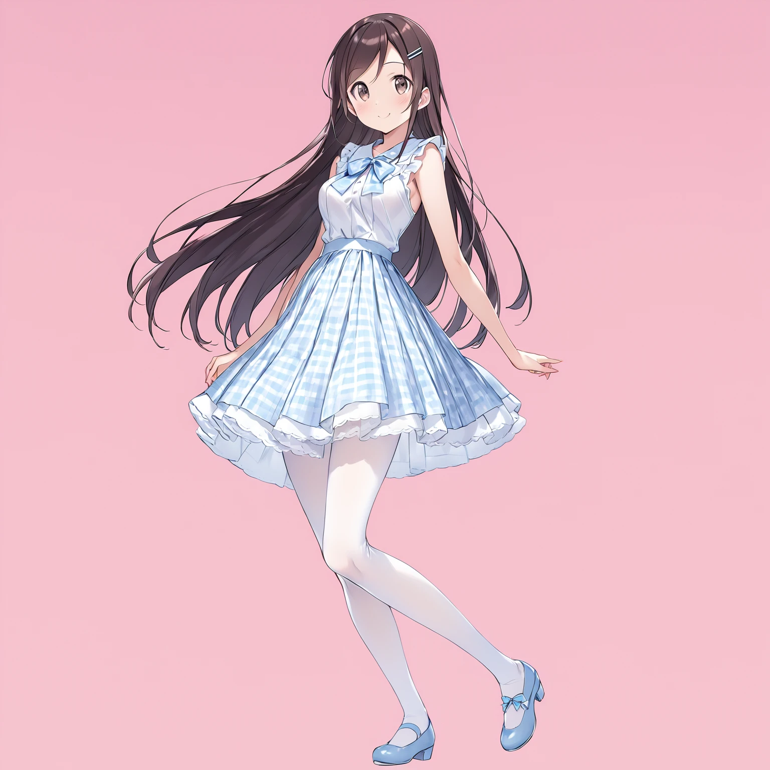 (Full Body Shot:1.6), (walk), 
(masterpiece)、high quality、High resolution、4K、8k、 (so beautiful:0.9), (Very cute), 

(Aragaki Ayase),  girl, 
Dark Brown Hair, Long Hair, amount, Hair Clip, Brown eyes, 
Round Breasts, Round face, 

Big Eyes, iris, (slender), Narrow waist, 
Delicate and smooth skin, Beautiful Skin, Textured Skin, Attractive body, 
smile, 恥ずかしそうなsmile, 
 
(White and blue girly dress), frills, ribbon, (Blue tie), (Transparent white shirt), (Blue and white checked pleated skirt), 
White cotton socks,(White Pantyhose), Knee-high socks, Blue heels, 

Curtains on a white background, 
(Pink Background:2.2), (Pink Studio), 