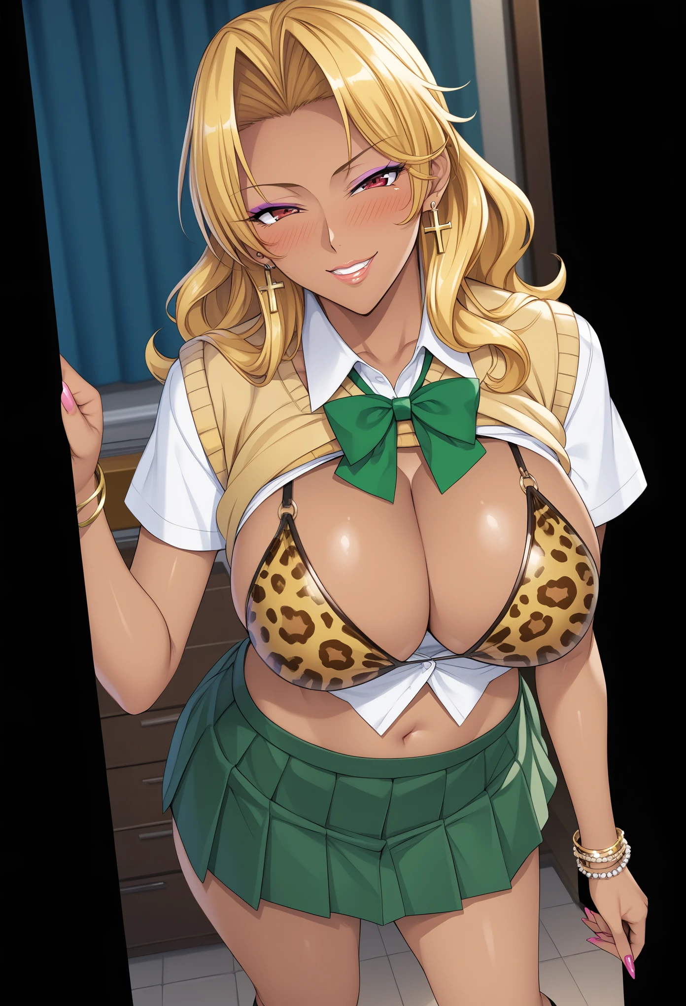  rating_explicit, score_9, score_8_up, score_7_up, uncensored, Alicia Viewstroem,1girl, mature female, blonde hair, long hair, red eyes,, mature female,
skirt, shirt, bow, ribbon, school uniform, white shirt, short sleeves, pleated skirt, shoes, socks, collared shirt, miniskirt, bowtie, green skirt, green bow, sweater vest, green ribbon, yellow sweater vest, BREAK gyaru, (dark skin), (dark-skinned female), metallic tan, multicolored hair, blonde hair, (makeup), eyeshadow, grin, parted lips, blush, mature female, tall girl, looking at viewer, gleaming skin, bikini top, leopard print, cleavage, navel, cross earrings, necklaces, fishnets, (from front), standing, cowboy shot,