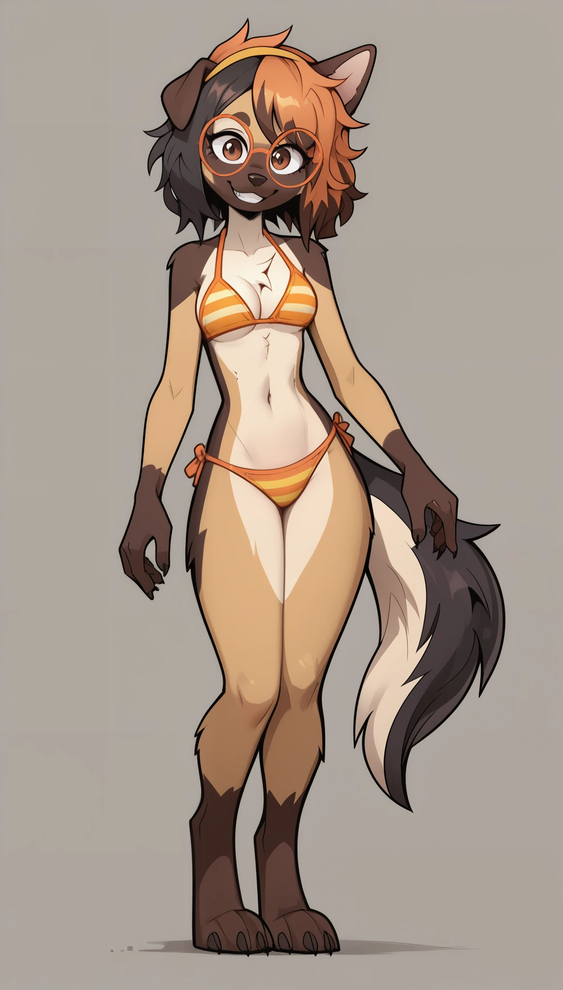 masterpiece, best quality, cute expression, 1boy, anthro, furry, fur, fluffy fur, dog girl, furry, dog ears, (german shepherd), animal nose, cute eyes, brown eyes, dog tail, black hair (brown highlights), medium hair, messy hair, solo, detailed, orange striped bikini, orange hair headband, cute grin, head tilt, teenager (18 years), medium breast, thick thighs, slim body, orange glasses, (jizoku), (gray background), full body, standing, score_9, score_8_up, score_7_up, score_6_up, score_5_up, score_4_up