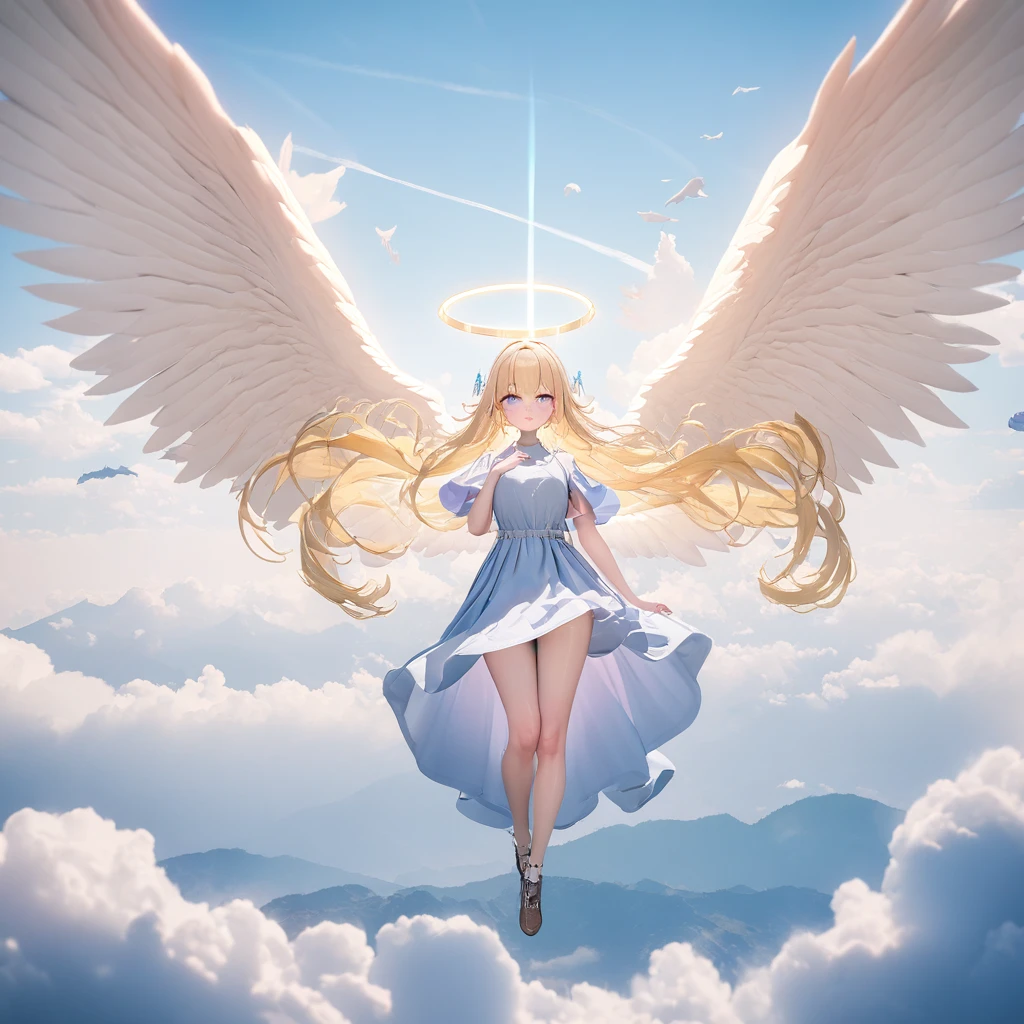 (((8k,masterpiece,Best Quality))), Highly detailed CG composition，Maxi Kit, whole body, Wide Shot,break、(((Cute angel flying in the blue sky))), Fantasy, Big angel wings, ,(blonde:1.6)，眩しいハイライトが入ったblondeの髪、Shiny bright hair, ,Long Hair,,Twin tails、Detailed face，Attractive big blue eyes，Shining beautiful eyes，Charming smile，Beautiful Skin，Lens Flare,Girl with angel wings and sword, Angel Knight Girl,Beautiful angel witch, Highly detailed ArtGerm, Detailed digital 3D art（（Ultra-realistic, Vivid 3D））， Dragon Warrior Girl，Dynamic action poses for battle scenes， Extremely complex and heavy fighter aircraft mechanical armament，Vice President of Lunes,, Single Armor, Decorative blue armor, Armor Dress, （Winged Helmet）, Shoulder rest, Gauntlet, Shin guards,（Wields a giant turquoise energy sword:1.3),Very dramatic and cinematic lighting。Beautifully detailed background, Beautifully detailed background, (In the blue sky above the clouds 1.3), ((Two big, Shining Wings:1.3),(flight:1.5)