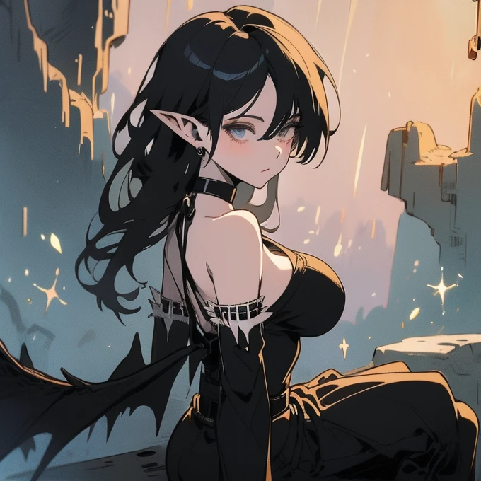 anime girl with green eyes and black hair sitting on a rock, an anime drawing by Kamagurka, pixiv, gothic art, beautiful necromancer girl, beautiful girl necromancer, beautiful necromancer, morrigan, elf girl, anime moe artstyle, morrigan aensland, commission for high res