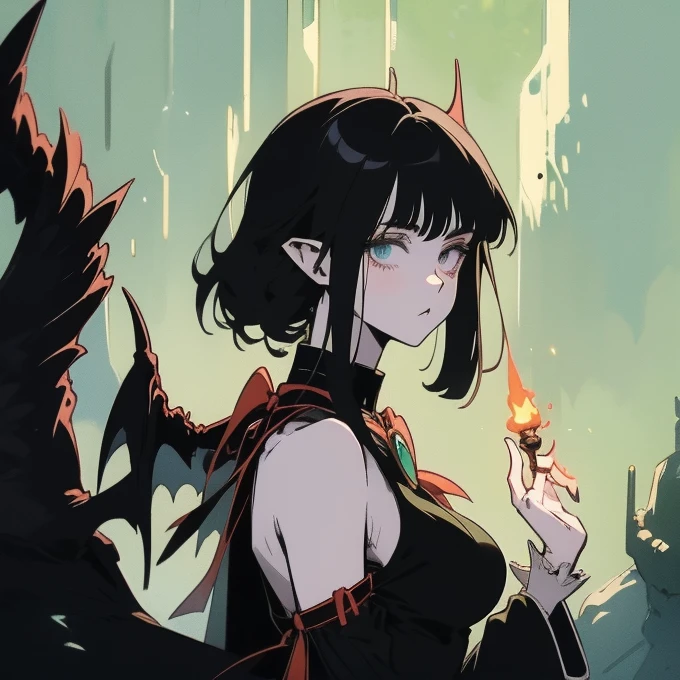 anime girl with green eyes and black hair sitting on a rock, an anime drawing by Kamagurka, pixiv, gothic art, beautiful necromancer girl, beautiful girl necromancer, beautiful necromancer, morrigan, elf girl, anime moe artstyle, morrigan aensland, commission for high res