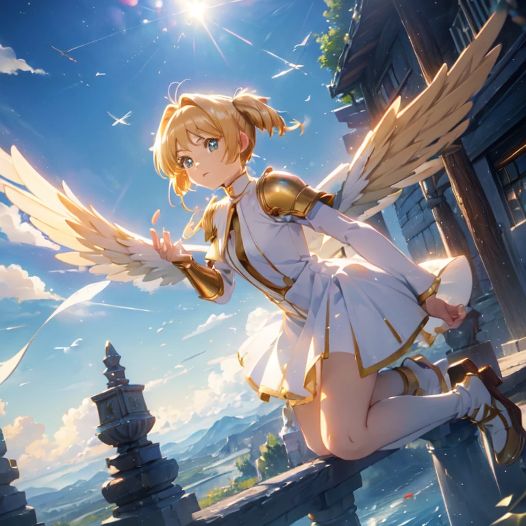 (((8k,masterpiece,Best Quality))), Highly detailed CG composition，Maxi Kit, whole body, Wide Shot,break、(((Cute angel flying in the blue sky))), Fantasy, Big angel wings, ,(blonde:1.6)，眩しいハイライトが入ったblondeの髪、Shiny bright hair, ,Long Hair,,Twin tails、Detailed face，Attractive big blue eyes，Shining beautiful eyes，Charming smile，Beautiful Skin，Lens Flare,Girl with angel wings and sword, Angel Knight Girl,Beautiful angel witch, Highly detailed ArtGerm, Detailed digital 3D art（（Ultra-realistic, Vivid 3D））， Dragon Warrior Girl，Dynamic action poses for battle scenes， Extremely complex and heavy fighter aircraft mechanical armament，Vice President of Lunes,, Single Armor, Decorative blue armor, Armor Dress, （Winged Helmet）, Shoulder rest, Gauntlet, Shin guards,（Wields a giant turquoise energy sword:1.3),Very dramatic and cinematic lighting。Beautifully detailed background, Beautifully detailed background, (In the blue sky above the clouds 1.3), ((Two big, Shining Wings:1.3),(flight:1.5)