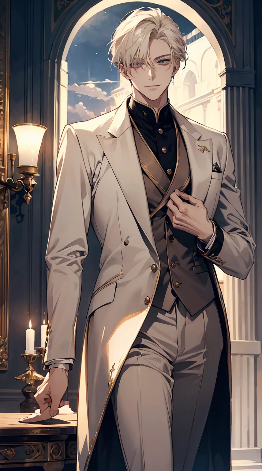 A refined young man stands gracefully on the balcony of a grand mansion. His platinum blond hair sways gently in the night breeze, while the soft moonlight highlights his noble features. His sharp eyes gleam with wisdom, and his composed smile exudes an unshakable confidence. Behind him, the lavish furnishings of a classic, elegant interior further enhance his regal presence. His charisma radiates naturally, like a leader destined to inspire and guide those around him.