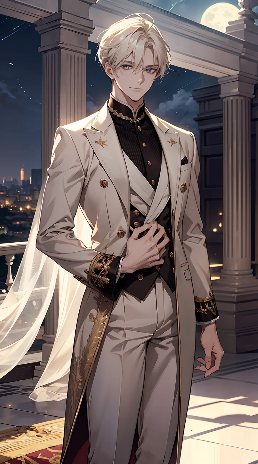 A refined young man stands gracefully on the balcony of a grand mansion. His platinum blond hair sways gently in the night breeze, while the soft moonlight highlights his noble features. His sharp eyes gleam with wisdom, and his composed smile exudes an unshakable confidence. Behind him, the lavish furnishings of a classic, elegant interior further enhance his regal presence. His charisma radiates naturally, like a leader destined to inspire and guide those around him.