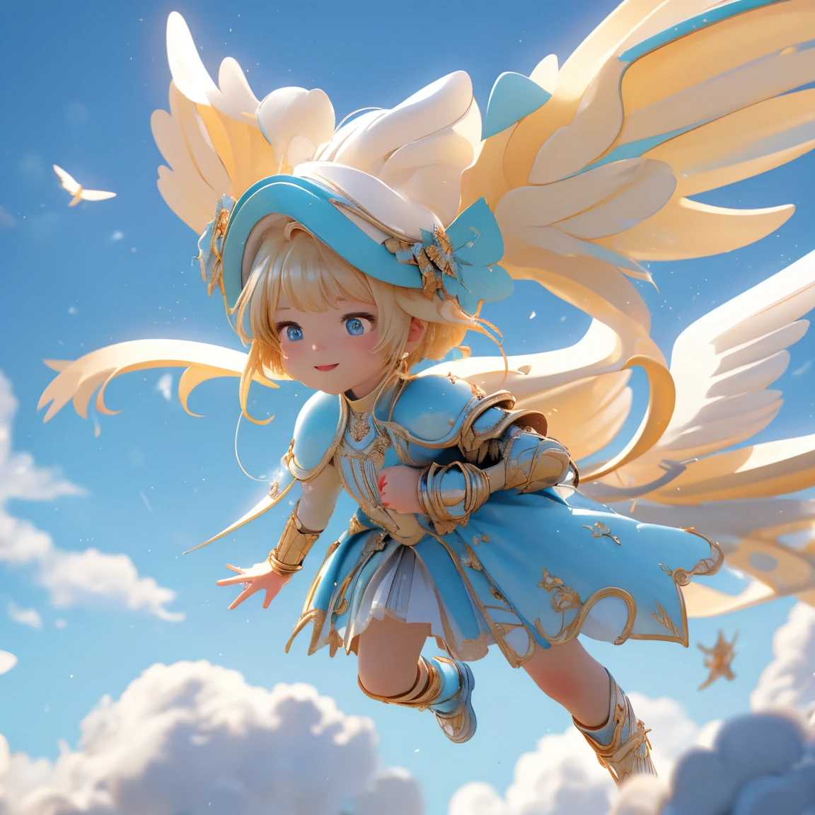 (((8k,masterpiece,Best Quality))), Highly detailed CG composition，Maxi Kit, whole body, Wide Shot,break、(((Cute angel flying in the blue sky))), Fantasy, Big angel wings, ,(blonde:1.6)，眩しいハイライトが入ったblondeの髪、Shiny bright hair, ,Long Hair,,Twin tails、Detailed face，Attractive big blue eyes，Shining beautiful eyes，Charming smile，Beautiful Skin，Lens Flare,Girl with angel wings and sword, Angel Knight Girl,Beautiful angel witch, Highly detailed ArtGerm, Detailed digital 3D art（（Ultra-realistic, Vivid 3D））， Dragon Warrior Girl，Dynamic action poses for battle scenes， Extremely complex and heavy fighter aircraft mechanical armament，Vice President of Lunes,, Single Armor, Decorative blue armor, Armor Dress, （Winged Helmet）, Shoulder rest, Gauntlet, Shin guards,（Wields a giant turquoise energy sword:1.3),Very dramatic and cinematic lighting。Beautifully detailed background, Beautifully detailed background, (In the blue sky above the clouds 1.3), ((Two big, Shining Wings:1.3),(flight:1.5)