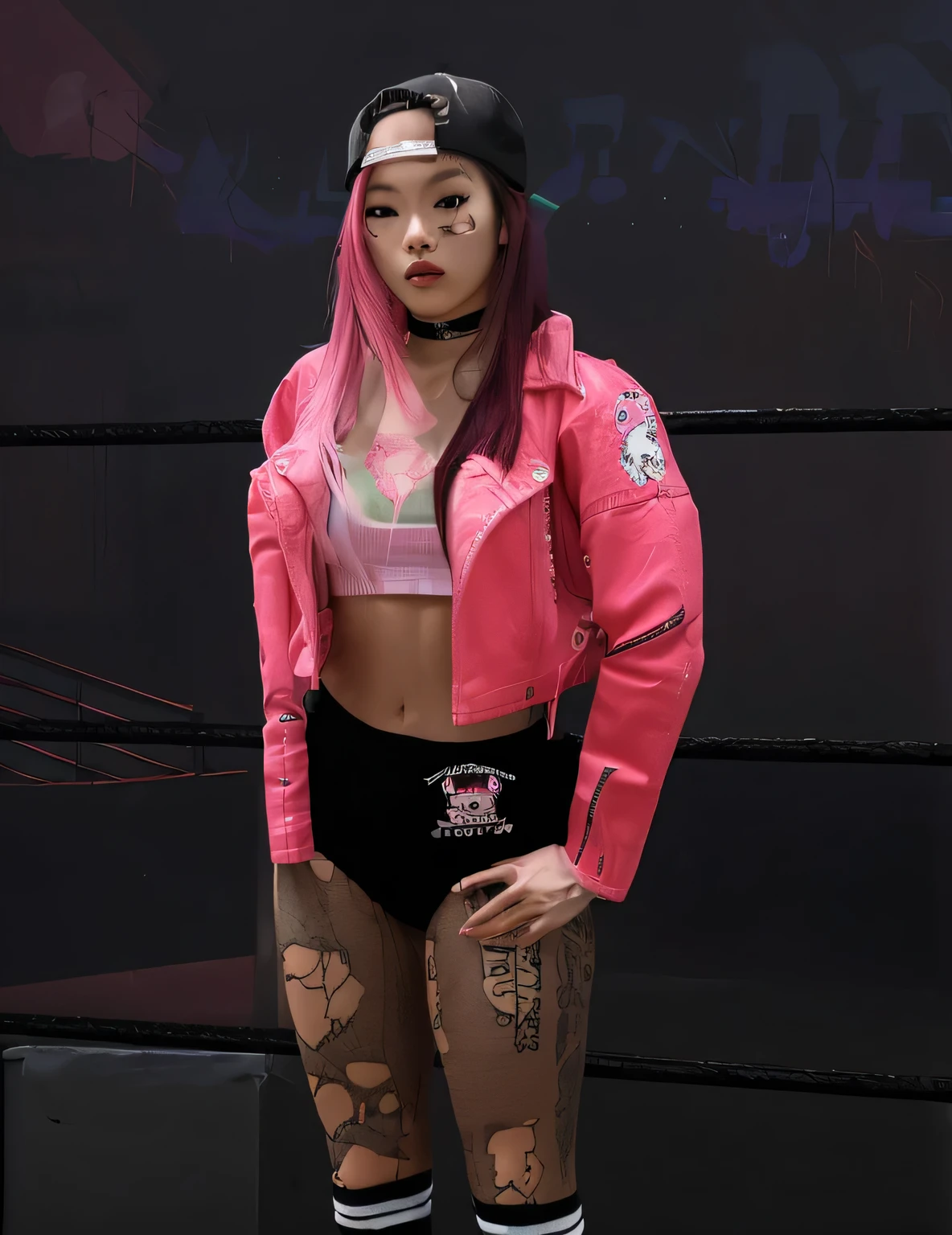 ((masterpiece, best quality)), ((((perfect anatomy)))), ((Japanese woman with medium length pink hair)), (30 year old), white black and pink sports bra, ((White black and pink high cut briefs)), black arm-wraps, black knee-pads, standing in front of a grey screen, smirking, dark makeup, black lipstick, ((photo realistic)),