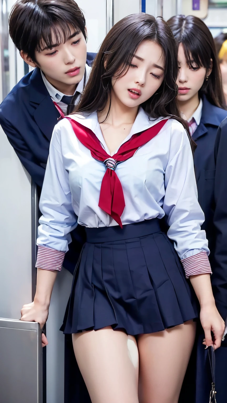(molesting:1.5)、1girl in、(Full body shot)、1male people、(((High school girl being molested:1.5)))、(Super beautiful)、(beauitful face:1.5)、she is crying、(high-school uniform:1.2)、(Inside a crowded train in Japan:1.5)、A man forcibly kisses her、(A man takes off his skirt:1.5)、(Man hugs her chest:1.5)、(At SFW:1.1)、(((Visible from the sailor blouse)))、(moaning in pain:1.3)、(ecstacy:1.5)、