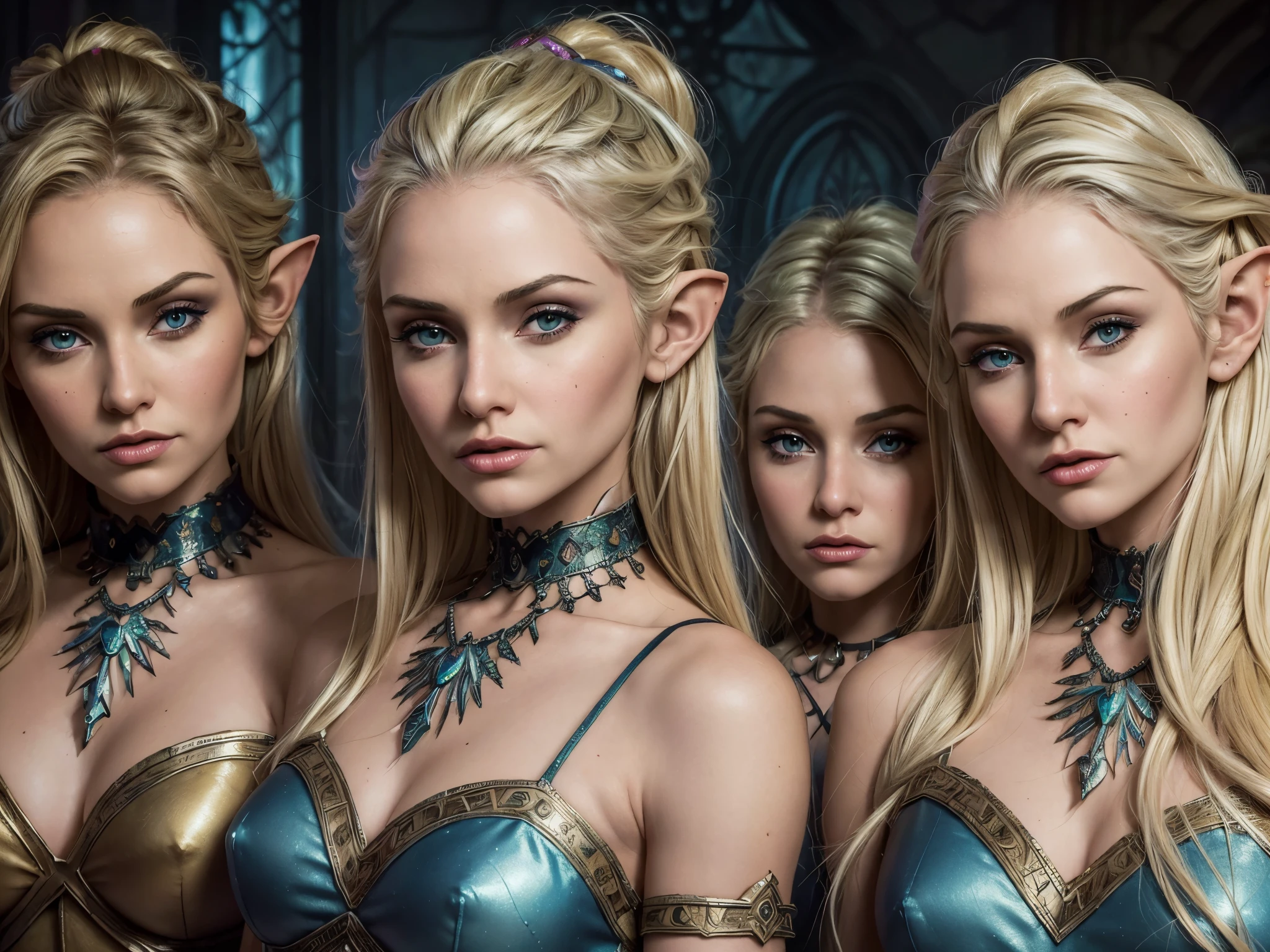 (((masterpiece))), best quality, hyper detailed gouache style painting portrait of a group of beautiful female elves, smooth shadows, hyper realistic textures, 8k, best quality, realistic cartoony features, stylized illustration, smooth shadows, correct anathomy, chromatic aberration, neon highlights, global warm lights, dynamic poses, expressive facial expressions