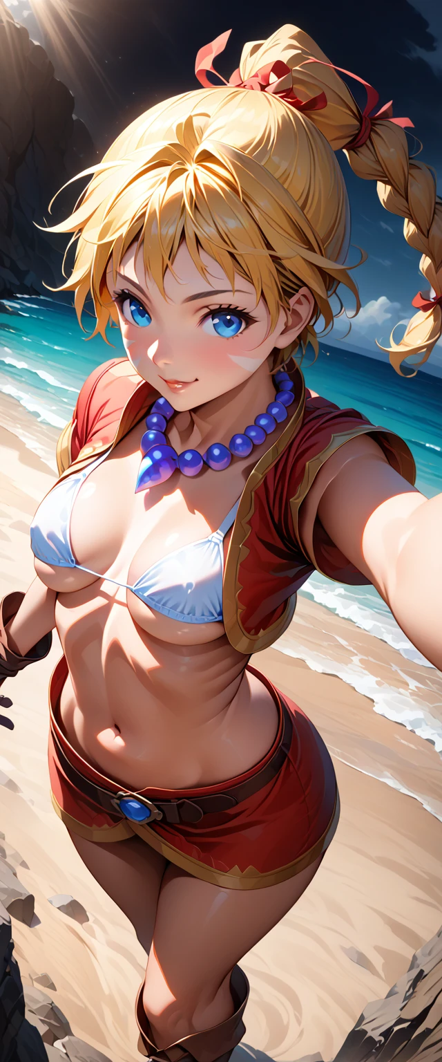 1 adult woman, solo, ((mature face)), blue eyes, warm smile, 20 years old, yellow hair in a high braided ponytail, (small bust:1.42), navel, standing on white sand beach, modeling poses, fitted jacket 3/4 cropped, tiny mincrobikini top under jacket (white:1.47), form fitting micro skirt, skirt is partially open, bikini underboob, (pubic hair peeks out of her skirt:1.4), loose leather boots, ankle wraps, detailed face, detailed eyes, detailed lips, highly detailed hands, 8k, UHD, cinematic lighting, vivid colors, dramatic shadows, masterpiece, award winning art, (viewed from below), (full length portrait:1.45), (wide angle:1.27), (kdecc, ponytail, facial mark, necklace, crop top, vest, midriff, skirt, gloves), pokies, ultraST, skin_tight, impossible clothes, undersized bra 