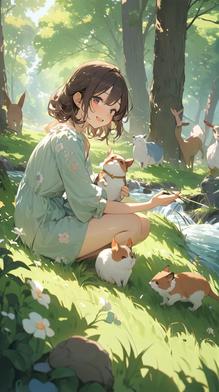 One Girl、A happy look、Brown Hair、Casual clothing、Playing with animals、An innocent smile、A figure in harmony with nature BREAK In the bright sunlight、(Warm Light):1.3、Soft colors、Serene atmosphere、A relaxing space、The presence of animals BREAK Around the farm、Cute animals、Spreading greenery、Grass swaying in the wind、Flow of the stream、Fun everyday life、absurdres, highres, ultra detailed, beautiful, masterpiece, best quality