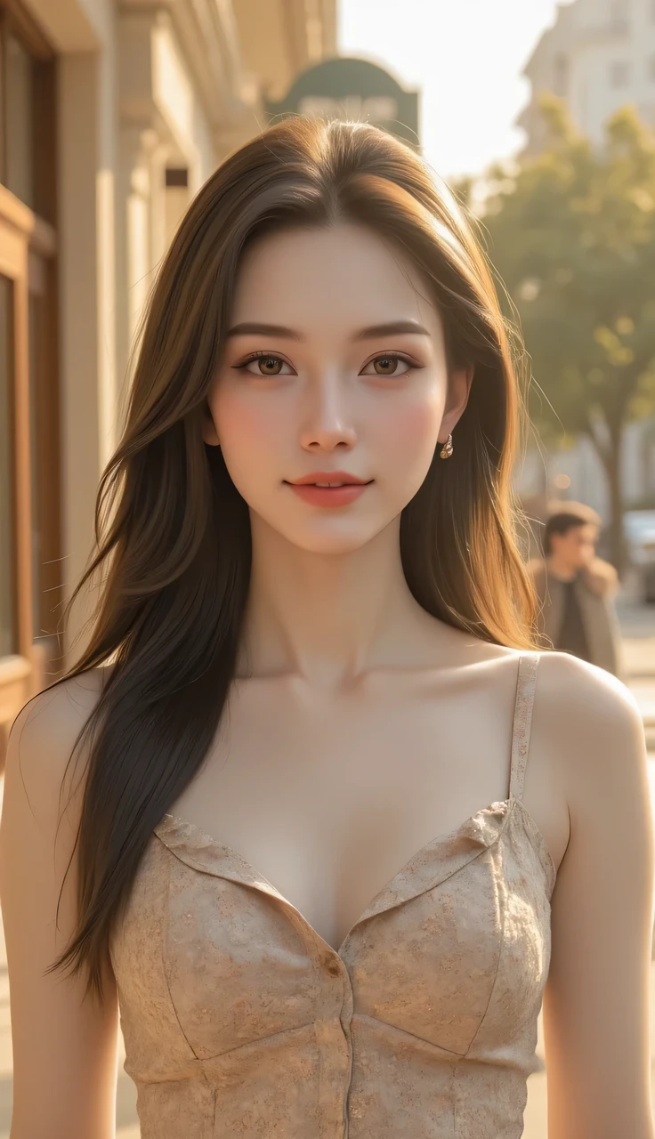 Portrait of a charming 29-year-old woman. Her hair is styled in an elegant and大气 way. She is wearing a fitted dress that exudes a hint of sexiness. A soft smile graces her lips. The subject is centered in the frame, facing directly towards the camera. Soft, diffused lighting from above creates a gentle glow, highlighting her features. The background is a blurred urban landscape with warm tones. Shot with a high-resolution mirrorless camera using a 50mm portrait lens at f/2.2, capturing sharp details and a beautiful bokeh. The image has a refined quality, reminiscent of fashion photography. Post-processing enhances warm tones and adds a touch of softness for an alluring look.