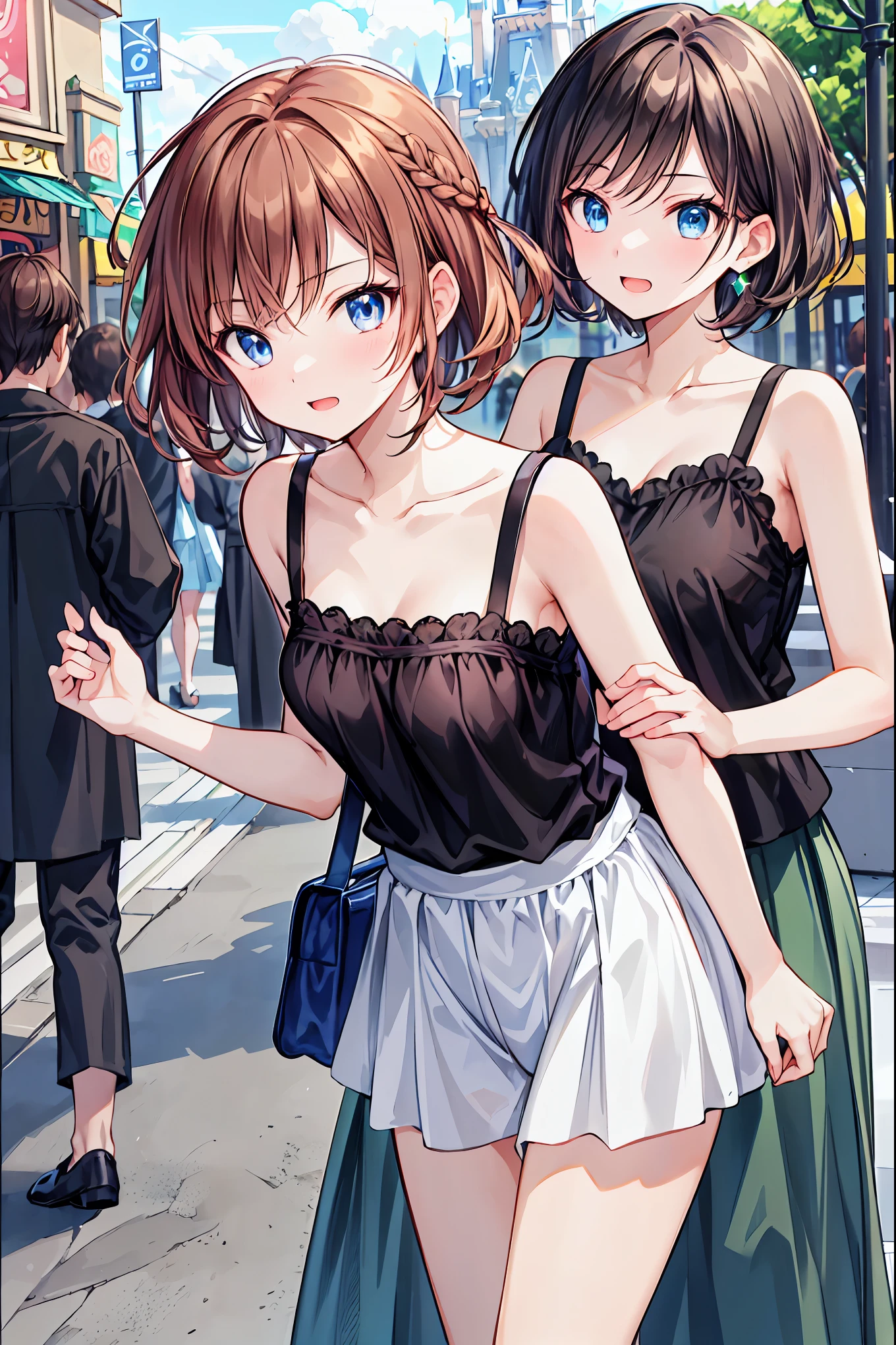 Regular pantyhose、Ultra-detailed、masterpiece、Highest quality、Ultra-high resolution、In 8K、high resolution、Detailed eyes、Gradation、Perfect anatomical figure ,hard disk、Hmph , Nikon Z9 80mm Lens 、Tabletop、Cinema Lighting, Physically Based Rendering, Award-winning, Highly detailed skin, Highly detailed face, Beautiful eyes in every detail、White Lace Lingerie Panties、Fancy panties、Detailed Panty Pattern、Panty Focus、(Pink cotton tight mini skirt), Light orange tank top、10-year-old female, (Beautiful light brown hair, High Ponytail、Looking into the camera、Daytime street、Bright sun、crotch grab,public