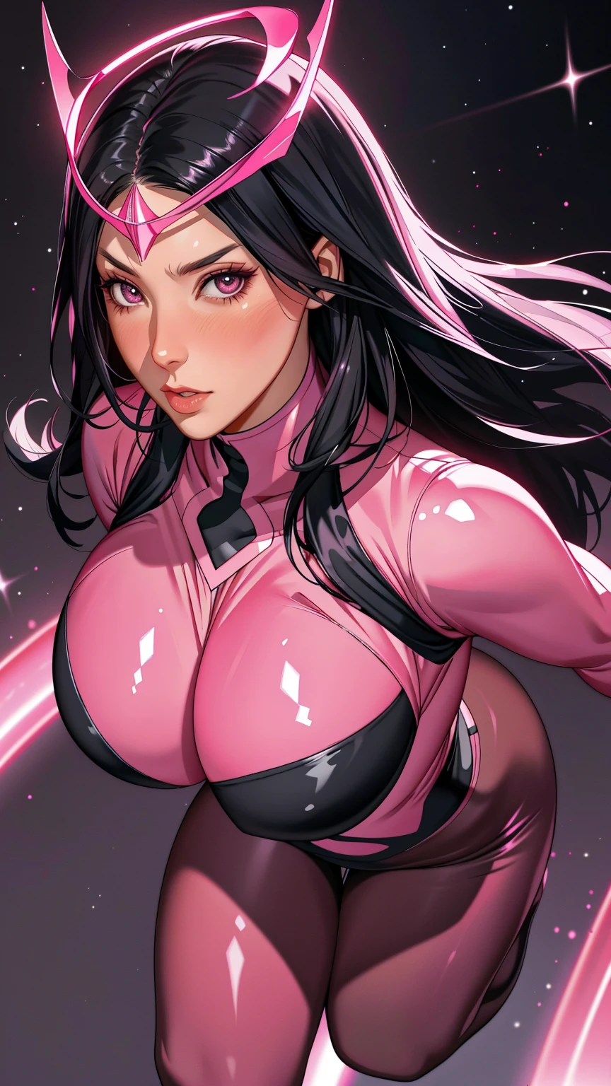 woman, long black hair, gray eyes, blushing, pink and black bodysuit with exposed cleavage, wearing a pink ring, space background, gigantic breasts, sexy, feminine, masterpiece, beautiful detailed eyes, detailed face, looking at viewer, glowing, half body portrait, angela white, flying, wearing a circlet