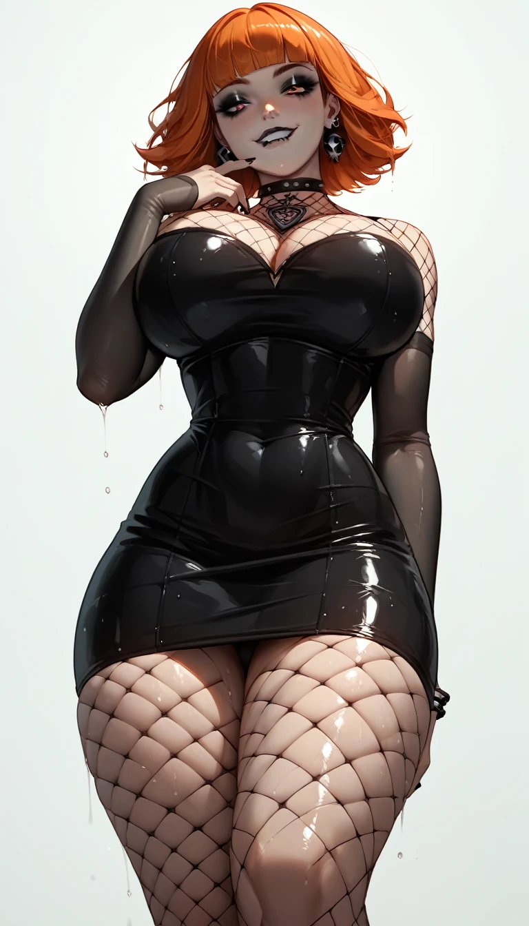 Expressiveh, (((angelawhite))), ((goth girl goddess)), ((goth)),(looking at viewer), ((slim body)), (huge ass, sexy, huge breasts, muscled thighs),score_9, score_8_up, score_7_up, (short orange hair, straight bangs), source_anime, haughty, low angle view, sexy thigh goth clothes, 80swa, shiny skin, wet, oily, sweaty, perfect face, beautiful girl, beautiful face, evil smile, Expression biting lower lip, ((tight sexy fishnet dress))