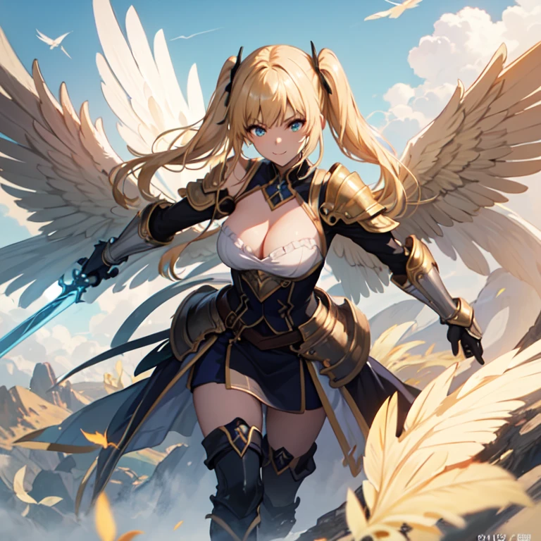 (masterpiece, best quality, detailed background, intricate details), floating golden castle, 1girl, angel, blonde hair, blue eyes, glowing halo, large glowing wings, white toga,