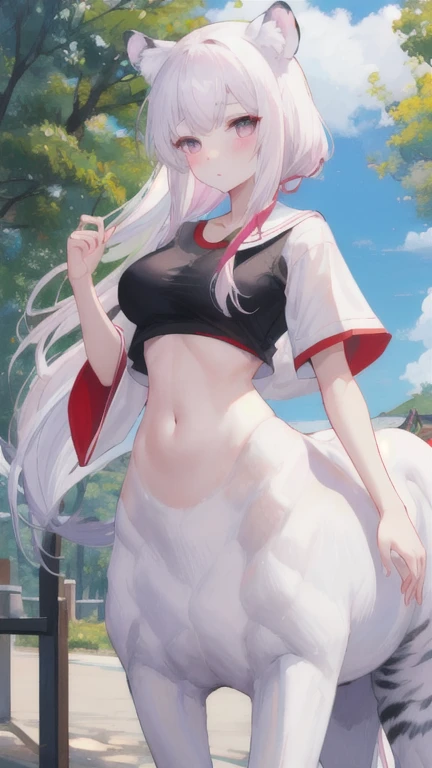 (best quality, masterpiece), 1 girl, centaur, It takes, White skin,belly button t-shirt, beautiful girl perfect white tiger photo, perfect white tiger photo