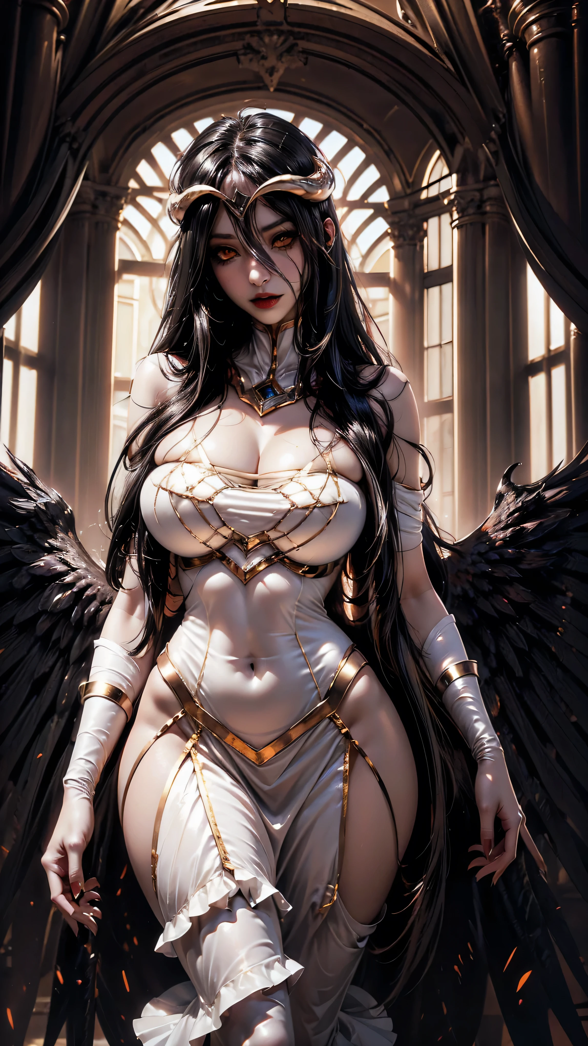 A (super realistic) beautiful sexy woman(albedo _overlord) with perfect eyes(orange eyes, finnest detailing possibleand both eyes in same direction) and white attire(detailed) with gold jewellery on breast, beautiful slim body, black long beautiful hair, glossy red sexy lips, hyper detailed black wings (every thing with best detailing), making a perfect sexy eyes contact.