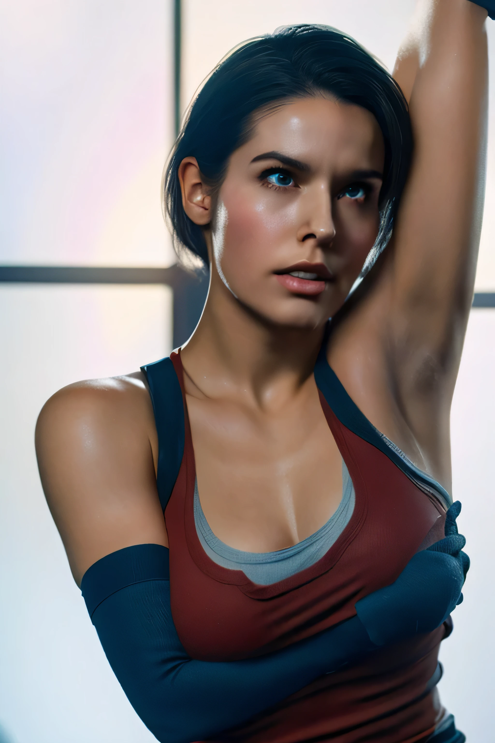 1 girl, standing, Jill Valentine,1, Cups, Black thighs ,sleeveless,shorts, brownish black hair, big chest, big ass, medium breasts,capture anime screen, mature appearance,armpits,sweat,sweaty,sweaty armpits,arms up,showing armpits,awesome armpits,blue coloured outfit, black arm warmers,black arm bands