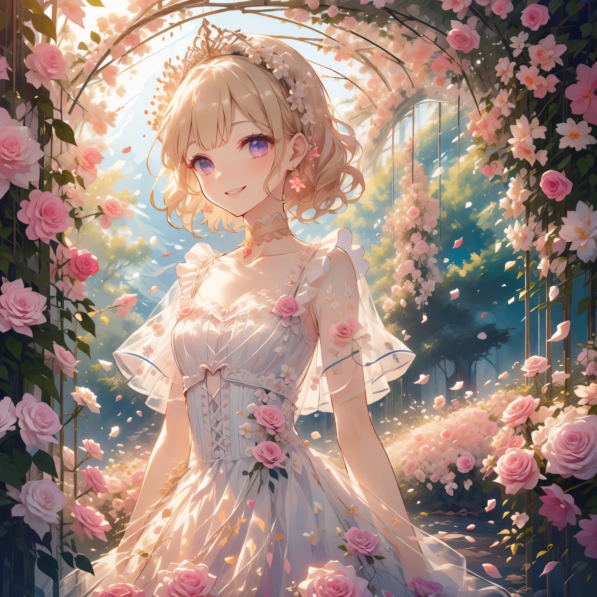 (Please redeem, masterpiece, Super detailed, Very detailed, Exquisite, 16k,Full HD),Come a little closer,Golden Ratio,Dramatic lighting,Pastel colors,Looks happy,Flying,Soft lighting, ((alone:1.5)),(blue sky,Morning Sky,sunny),Magical Forest,flower,wood,Flower Field,leaves and petals dance,From above,((Upper body photo)),Flowers filling the screen,(Fairy Princess, Purple eyes, Long eyelashes,White skin,slim,Pale pink fleshy lips,Pale pink cheeks, The wind is blowing,Blonde,Thin and long,(Thin and high nose,Small Nose),(From above her waist, a giant fairy wing),The magic of flower,flower tiara,Diamond Earrings,Diamond Choker,flower petal-inspired flower-adorned white ball gown dress, Lace and frills,(smile:1.2), (Fantasy, Romantic atmosphere), 