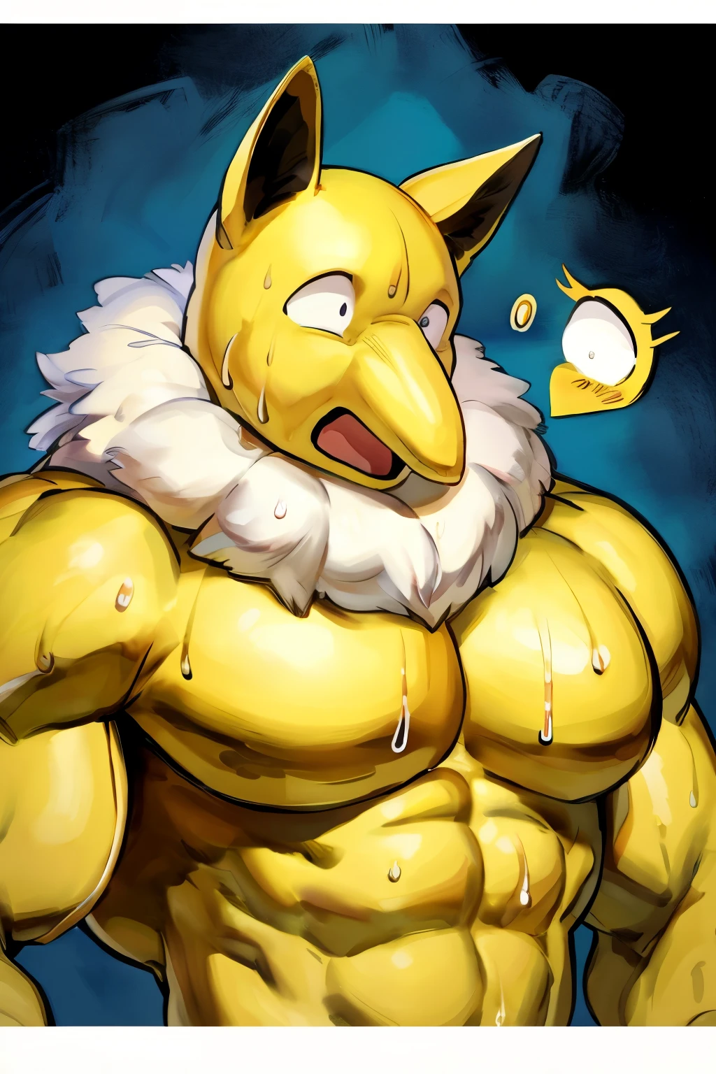 Furry, Anthro, solo, Hypno, Male, (((muscular body, massive male pectorals, yellow skin, wearing white fluffy fur around neck))), ((((massive biceps, shocked, wide-eyed, head tilted, sweating, glossy)))), ((((((massive bulky torso, wide-eyed, shocked)))))), closeup, naked, black/yellow spraypainted background, by buta99, by meesh, (((digital painting)))