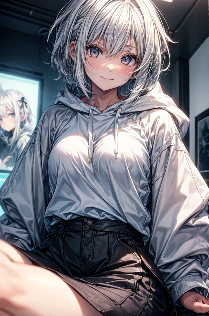 ((of the highest quality, 8K,Raw photo)), (Realistic, Photorealistic: 1.37), (Face Focus: 1.1), a smile、Small breasts, flat chest, Short hair, A Japanese Lady、20yr old、Japan idol system、(white sweatshirt: 1.1)、Skirt, Sitting, Arms up, From below, Sunlight, Movie Lighting,