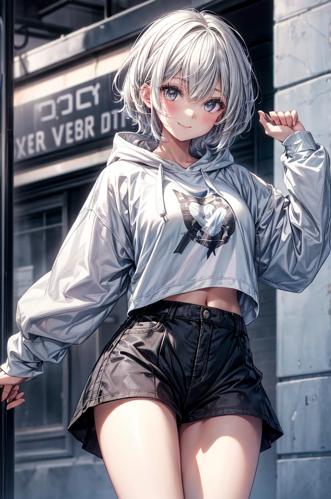 crop top, hoodie, mini skirt, absurdres, RAW photo, extremely delicate and beautiful, masterpiece, Best Quality, ultra high resolution, 32k, hyperrealistic, ultra-detailed, detailed description, pale skin, 20 years old, tearful mole, earring, short medium hair, wavy hair, whole body shot,