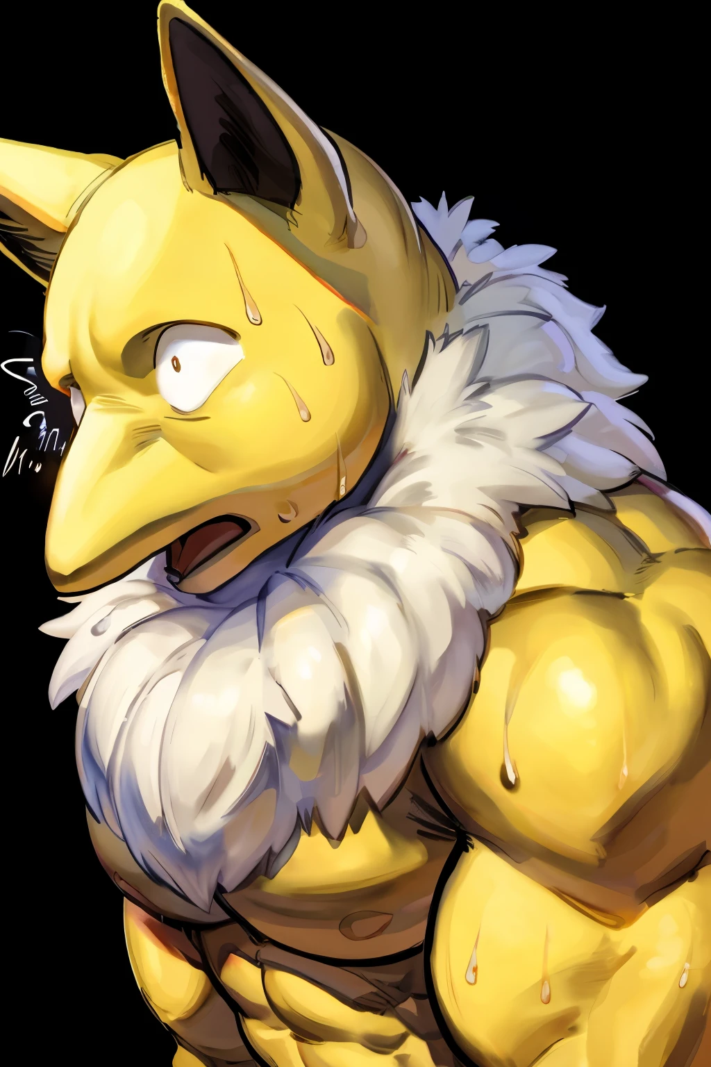 Furry, Anthro, solo, Hypno, Male, (((muscular body, massive male pectorals, yellow skin, wearing white fluffy fur around neck))), ((((massive biceps, shocked, wide-eyed, head tilted, sweating, glossy)))), ((((((massive bulky torso, wide-eyed, shocked)))))), closeup, naked, black/yellow spraypainted background, by buta99, by meesh, (((digital painting)))