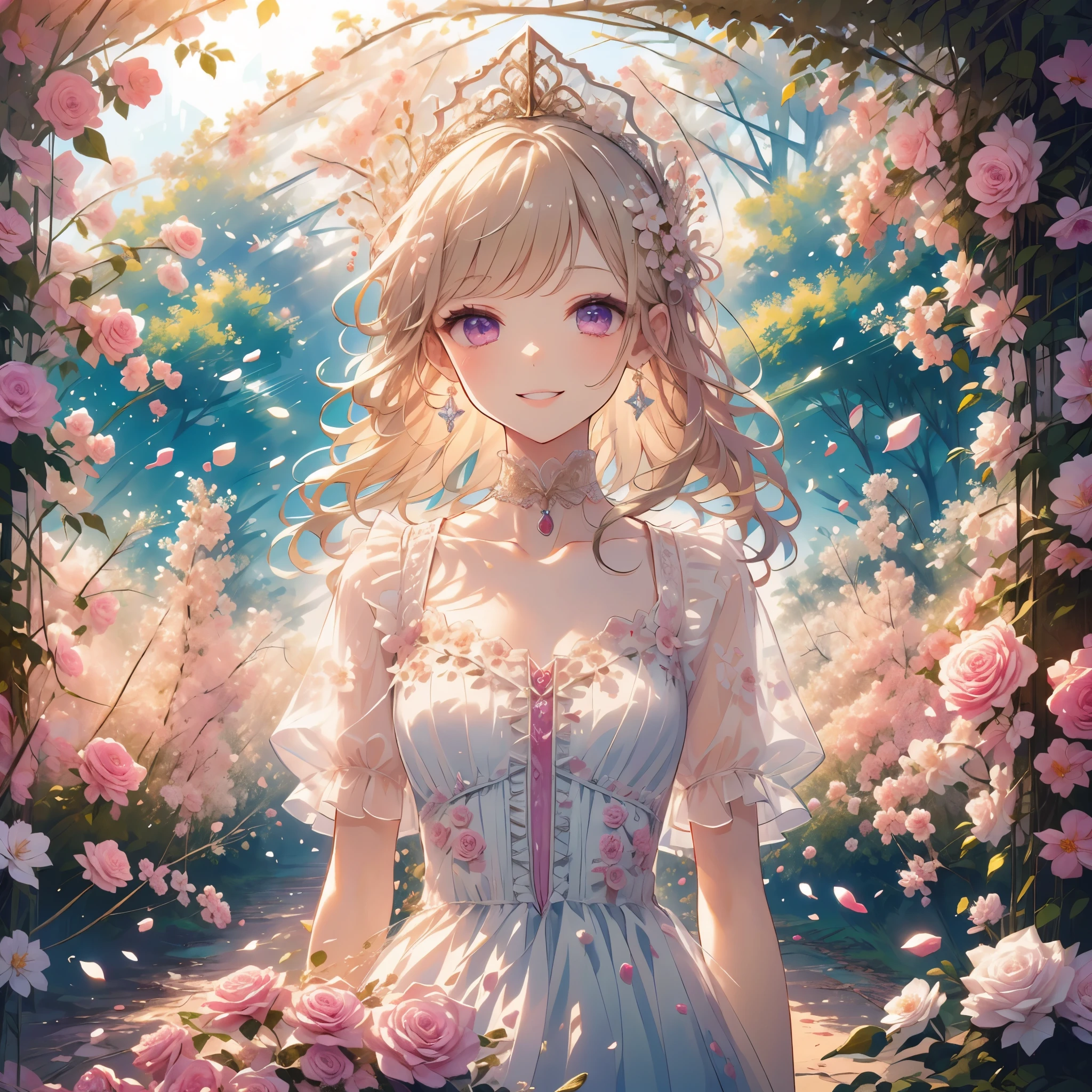 (Please redeem, masterpiece, Super detailed, Very detailed, Exquisite, 16k,Full HD),Come a little closer,Golden Ratio,Dramatic lighting,Pastel colors,Looks happy,Flying,Soft lighting, ((alone:1.5)),(blue sky,Morning Sky,sunny),Magical Forest,flower,wood,Flower Field,leaves and petals dance,From above,((Upper body photo)),Flowers filling the screen,(Fairy Princess, Purple eyes, Long eyelashes,White skin,slim,Pale pink fleshy lips,Pale pink cheeks, The wind is blowing,Blonde,Thin and long,(Thin and high nose,Small Nose),(From above her waist, a giant fairy wing),The magic of flower,flower tiara,Diamond Earrings,Diamond Choker,flower petal-inspired flower-adorned white ball gown dress, Lace and frills,(smile:1.2), (Fantasy, Romantic atmosphere), 