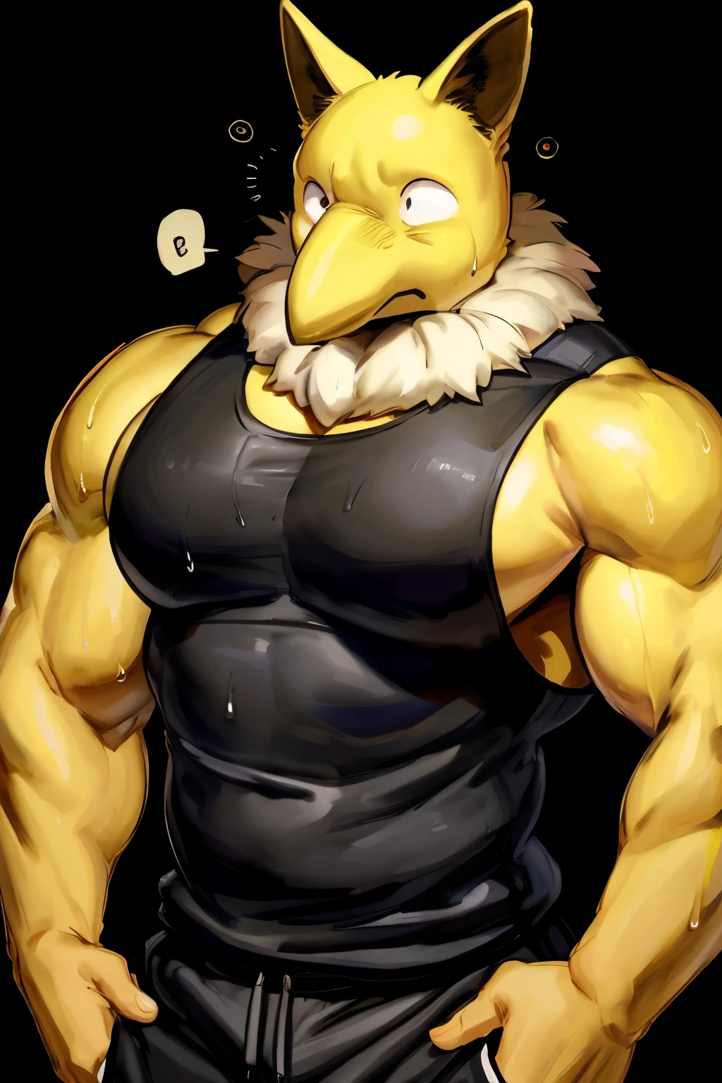 Furry, Anthro, solo, Hypno, Male, (((muscular body, massive male pectorals, yellow skin, wearing white fluffy fur around neck))), ((((massive biceps, shocked, wide-eyed, head tilted, sweating, glossy, wearing black tanktop, wearing black sweatpants)))), ((((((massive bulky torso, wide-eyed)))))), flexing arms up, naked, black/yellow spraypainted background, by buta99, by meesh, (((digital painting)))