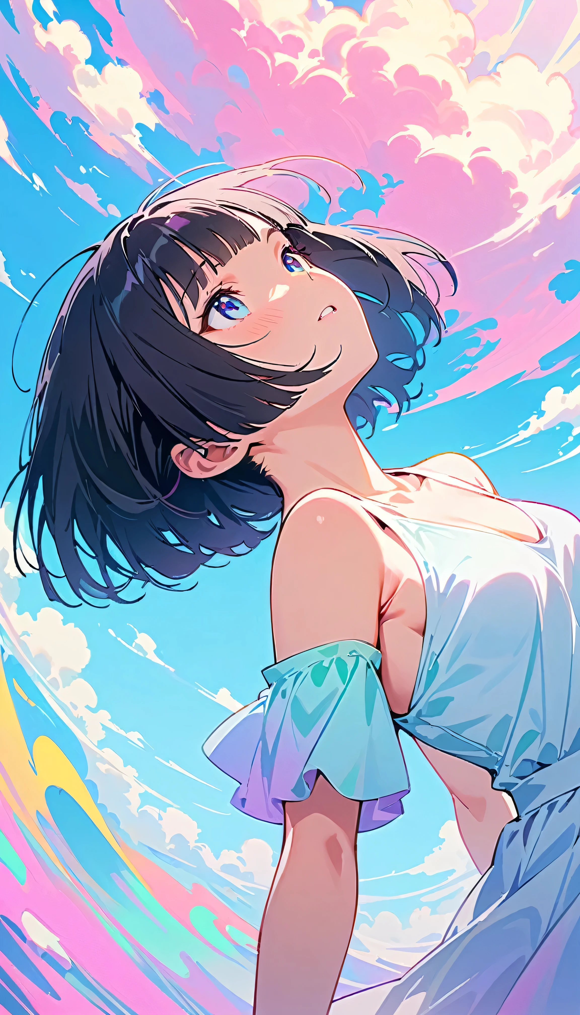 Best Quality, Very detailed, High resolution, Vibrant, masterpiece, Best Quality, Best aesthetics, One Woman, Super Fine, 8k, Very detailed, Beautiful Goddess, Pastel colored clouds, Pop Art, Delicate and dynamic, Pastel Color Fantasy, Black Hair, Bobcut, young, Small breasts, Official Art, Dynamic Angle