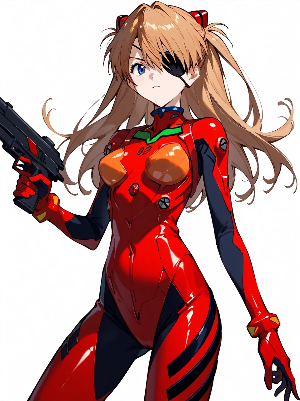 Pixiv 3dcg, Sexy anime style, Anatomically correct, Super detailed, High image quality, 4K、Bodysuits、Evangelion:3.0 (Eye patch)、White background、girl 1 person、Evangelion新劇場版、Hair accessories、赤Bodysuits、新世紀Evangelion、Soryu Asuka Langley、Simple Background、Clavicle cover、Plug Suit、gun