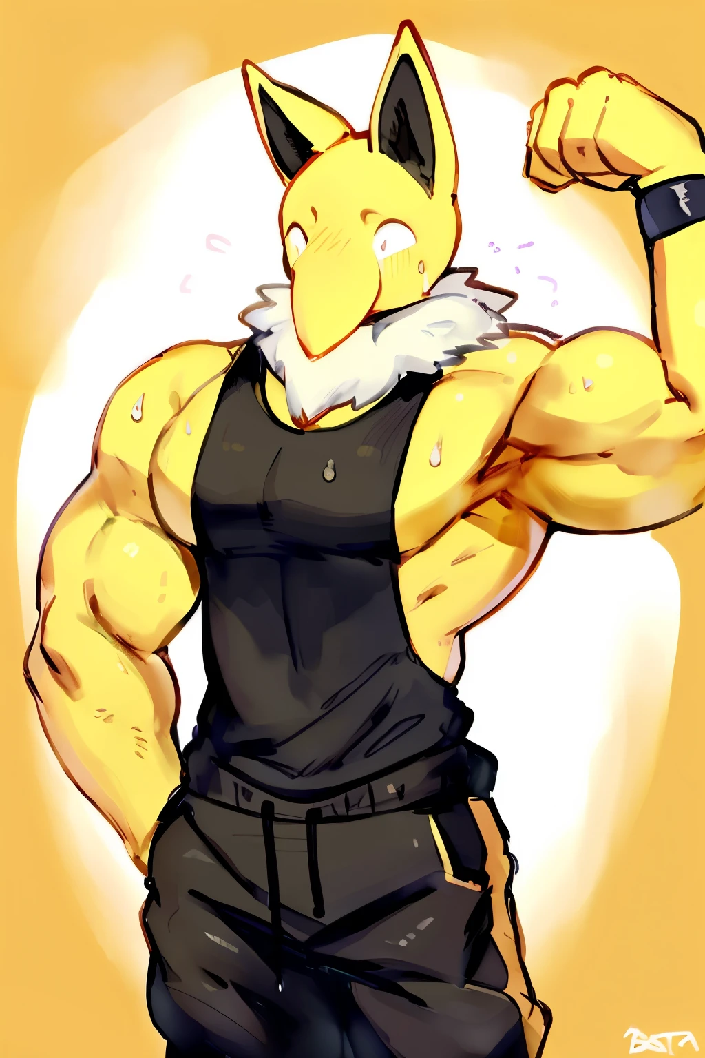 Furry, Anthro, solo, Hypno, Male, (((muscular body, massive male pectorals, yellow skin, wearing white fluffy fur around neck))), ((((massive biceps, shocked, wide-eyed, head tilted, sweating, glossy)))), ((((((massive bulky torso, facing viewer, wearing black tanktop, black wristbands, wearing black sweatpants, flexing arms up)))))) full body, black/yellow spraypainted background, by buta99, by zackary911, by bebebebebe, (((digital painting)))