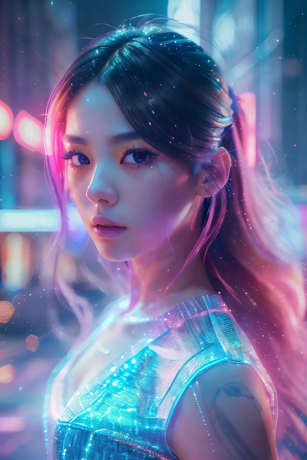 boombayah, 1girl, kpop idol, beautiful detailed eyes, beautiful detailed lips, extremely detailed face and hair, dynamic pose, glowing skin, colorful eyeshadow, neon lights, cyberpunk city background, (best quality,4k,8k,highres,masterpiece:1.2),ultra-detailed,(realistic,photorealistic,photo-realistic:1.37),vivid colors,studio lighting