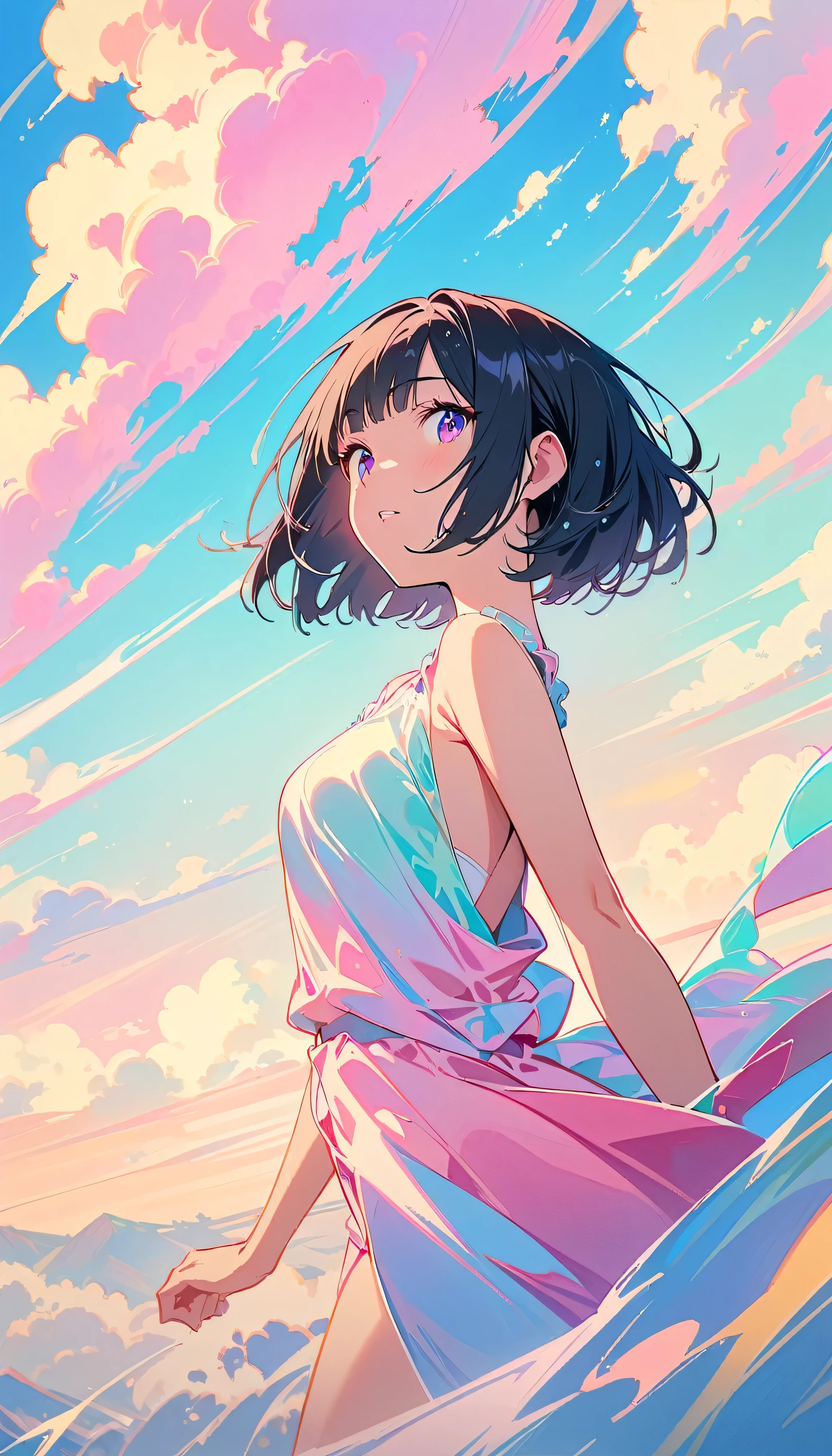 Best Quality, Very detailed, High resolution, Vibrant, masterpiece, Best Quality, Best aesthetics, One Woman, Super Fine, 8k, Very detailed, Beautiful Goddess, Pastel colored clouds, Pop Art, Delicate and dynamic, Pastel Color Fantasy, Black Hair, Bobcut, young, Small breasts, Official Art, Dynamic Angle