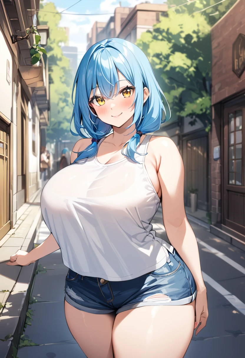 Huge breaat,long blue hair,white tanktop,short jeans,thicc tigh,smile,blush,look at viewer,outdoor,front view,yellow eyes