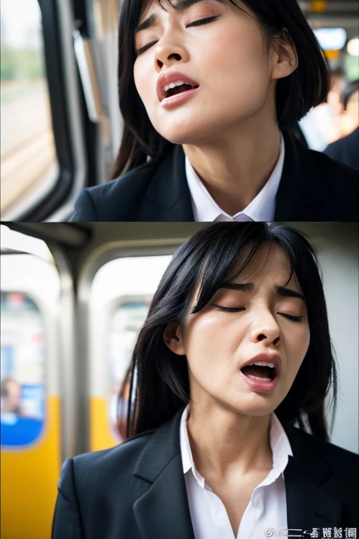 One girl,Must-have items,,Award-winning photography, Very detailed, Edge Orgasm,Face Focus, (Woman with open mouth and closed eyes ), 30 years old、Black Hair、Shiny skin、Face close-up,From below、Realistic nostrils、Long and narrow nasal cavity,、train、(train車内)、congestion、Standing、((business suit))、Big Breasts、(Sharp Nose)Grimacing Performance,#concept,teeth,Performance,facial Performances,Grimacing