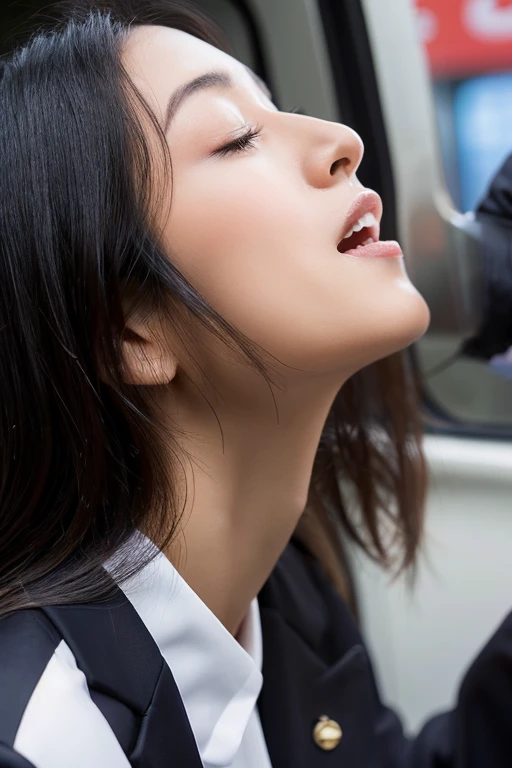 One girl,Must-have items,,Award-winning photography, Very detailed, Edge Orgasm,Face Focus, (Woman with open mouth and closed eyes ), 30 years old、Black Hair、Shiny skin、Face close-up,From below、Realistic nostrils、Long and narrow nasal cavity,、train、(train車内)、congestion、Standing、((business suit))、Big Breasts、(Sharp Nose)Grimacing Performance,#concept,teeth,Performance,facial Performances,Grimacing