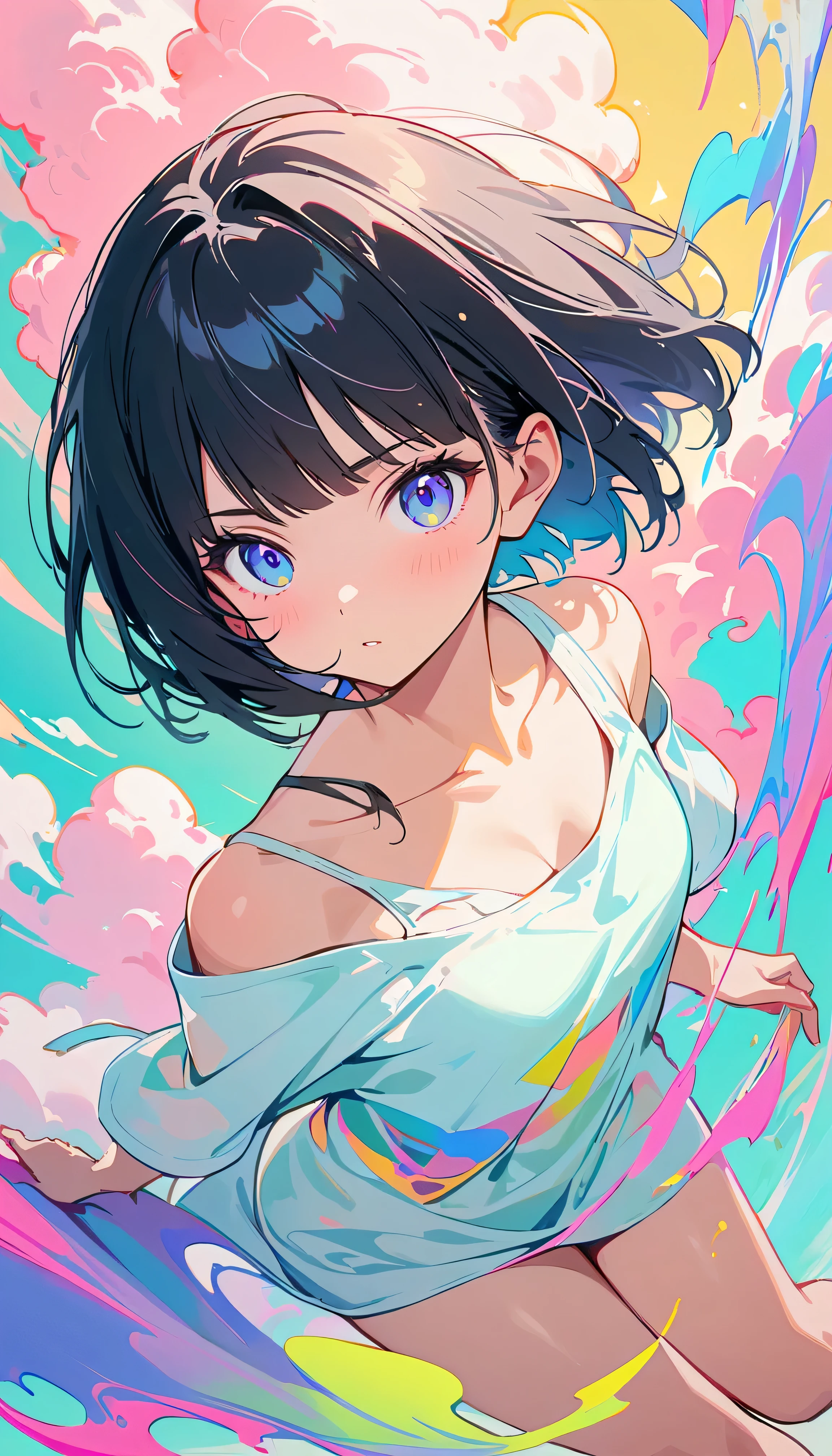 Best Quality, Very detailed, High resolution, Vibrant, masterpiece, Best Quality, Best aesthetics, One Woman, Super Fine, 8k, Very detailed, Beautiful Goddess, Pastel colored clouds, Pop Art, Delicate and dynamic, Pastel Color Fantasy, Black Hair, Bobcut, young, Small breasts, Official Art, Dynamic Angle