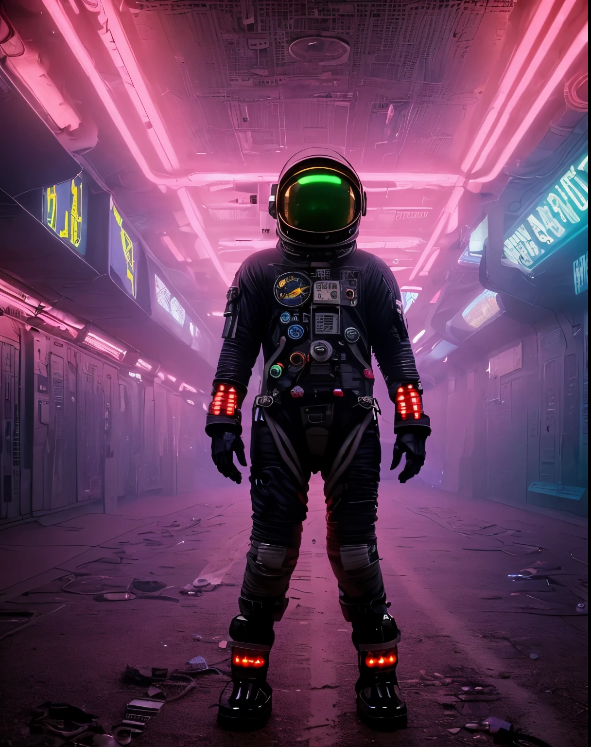 a beggar astronaut, full body, cinematic, photo realistic, surrealistic, volumetric, hyper realistic, optimistic, pragmatic, epic, mystic, mythic, ultra high definition masterpiece, neon ambiance, abstract black oil, gear mecha, detailed acrylic, grunge, intricate complexity, rendered in unreal engine, photorealistic