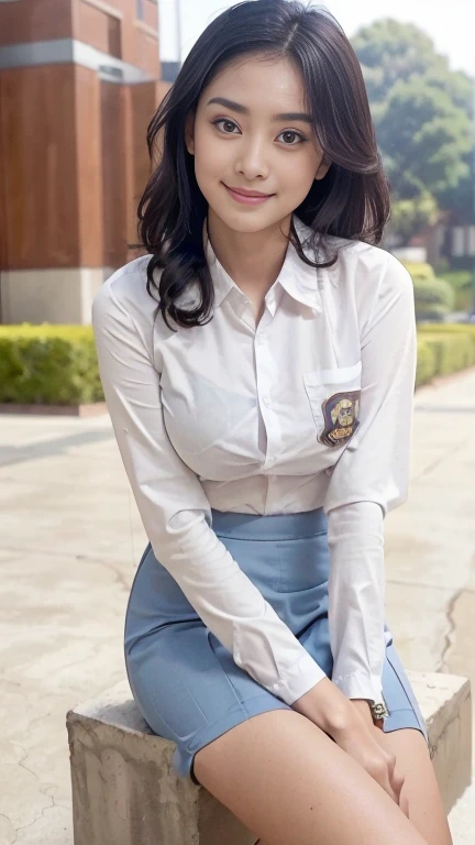 Young sweet beautiful school girl, slim body, very georgeus face, , wearing Indonesian white and grey uniform, long sleeve shirt, grey kneel long skirt, sassy girl,  wavy short hairs, siting down relax on side walk cheerful going to the school in the sunny morning, very realistic, very detail, no cartoon,  white thin panty exposed,