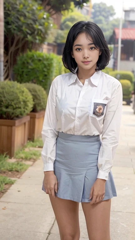 Young sweet beautiful school girl, slim body, very georgeus face, , wearing Indonesian white and grey uniform, long sleeve shirt, grey kneel long skirt, sassy girl,  wavy short hairs, siting down relax on side walk cheerful going to the school in the sunny morning, very realistic, very detail, no cartoon,  white thin panty exposed,