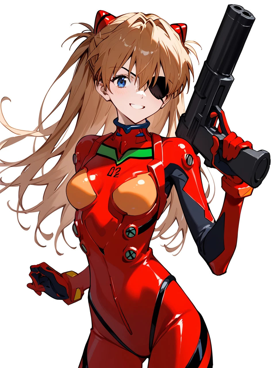 Pixiv 3dcg, Sexy anime style, Anatomically correct, Super detailed, High image quality, 4K、Bodysuits、Evangelion:3.0 (Eye patch)、White background、girl 1 person、Evangelion新劇場版、Hair accessories、赤Bodysuits、新世紀Evangelion、Soryu Asuka Langley、Simple Background、Clavicle cover、Plug Suit、gun、Hold with both hands、smile、Cowboy Shot