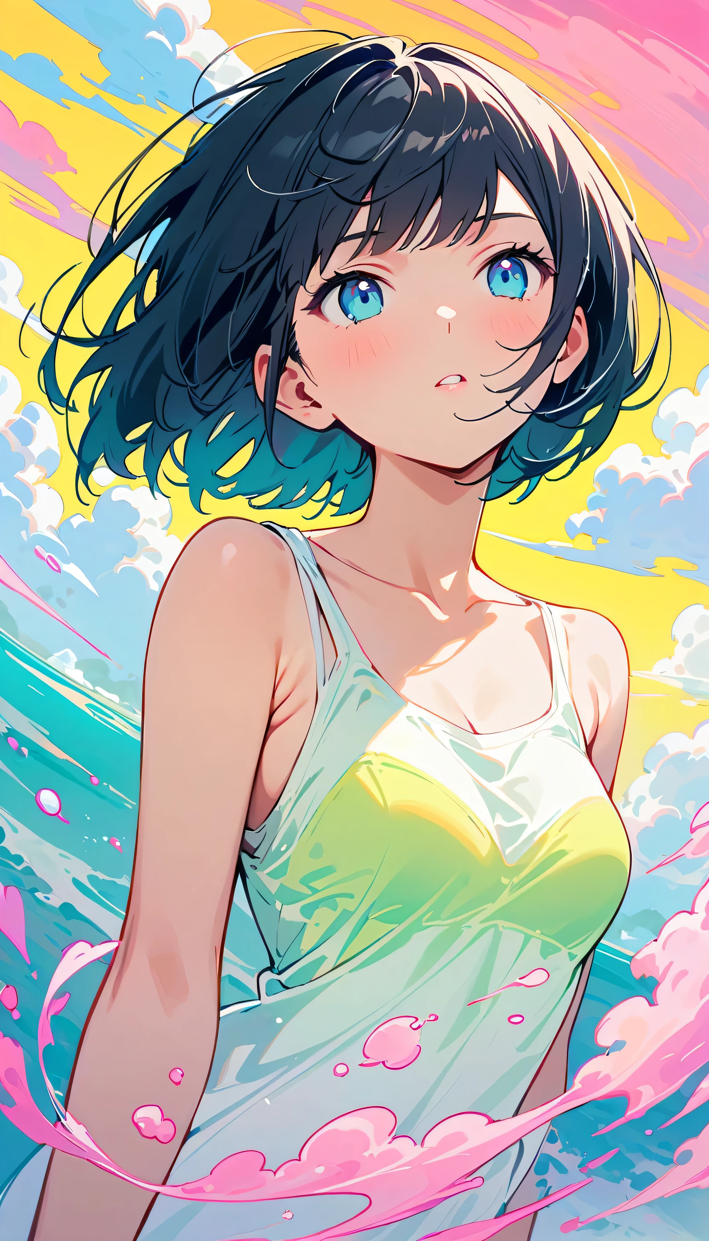 Best Quality, Very detailed, High resolution, Vibrant, masterpiece, Best Quality, Best aesthetics, One Woman, Super Fine, 8k, Very detailed, Beautiful Goddess, Pastel colored clouds, Pop Art, Delicate and dynamic, Pastel Color Fantasy, Black Hair, Bobcut, young, Small breasts, Official Art, Dynamic Angle