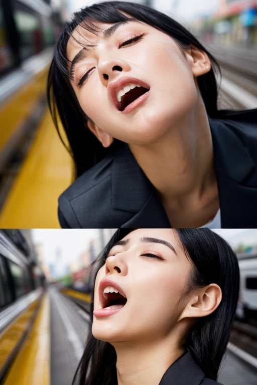 One girl,Must-have items,,Award-winning photography, Very detailed, Edge Orgasm,, (A woman with her mouth open and eyes slightly open ), 30 years old、Black Hair、Shiny skin、Face close-up,From below、Realistic nostrils、Long and narrow nasal cavity,、train、(train車内)、congestion、Standing、((business suit))、Big Breasts、(Sharp Nose)Grimacing Performance,#concept,teeth,Performance,facial Performances,Grimacing、Full body angle、A man touches my chest(Completely naked)