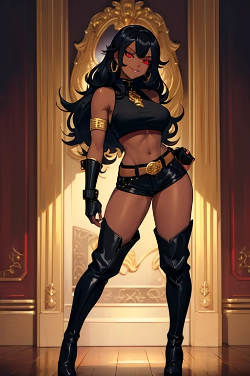female, black long hair, red eyes, dark skin, (((1girl))), (((black tank top with gold trim))), (gold bracelets), (black detached sleeves with gold trim), (black pants with gold trim), (gold heels), cute and sexy, huge breasts, huge butt, full body, long legs, smiling