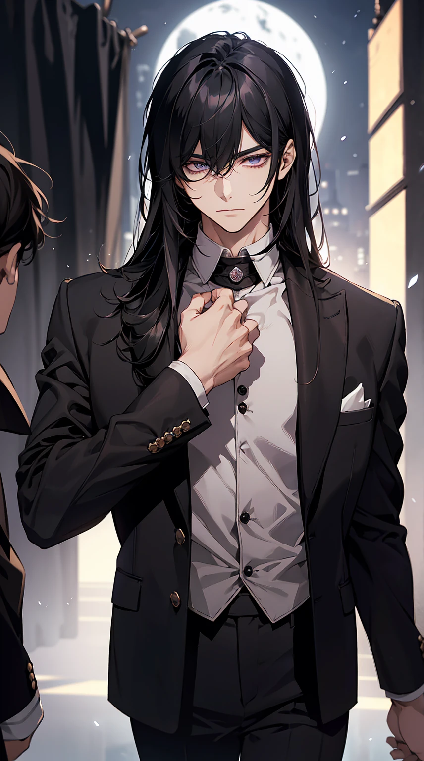  He has long black hair with slightly angled bangs. His eyes are a deep purple, exuding a calm and mysterious expression. He is wearing an elegant black jacket over a white shirt, paired with slim-fitting pants. The collar of his jacket features ornate embellishments, giving him a sophisticated appearance. The background is a backstage dressing room, softly illuminated by moonlight, casting shadows. His posture conveys confidence, as if he is ready to step onto the stage.