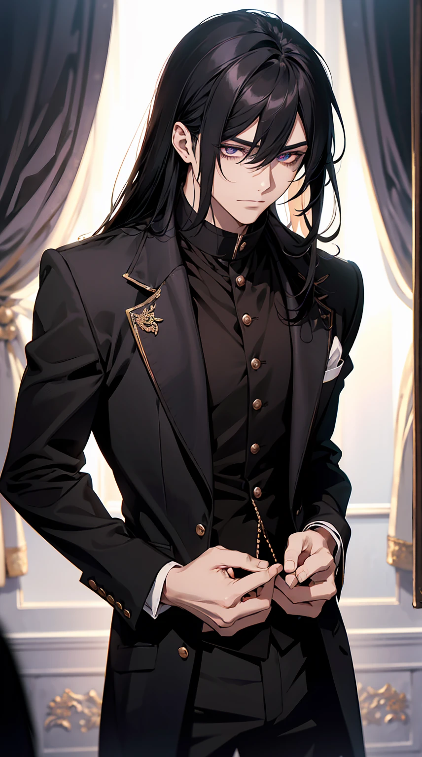  He has long black hair with slightly angled bangs. His eyes are a deep purple, exuding a calm and mysterious expression. He is wearing an elegant black jacket over a white shirt, paired with slim-fitting pants. The collar of his jacket features ornate embellishments, giving him a sophisticated appearance. The background is a backstage dressing room, softly illuminated by moonlight, casting shadows. His posture conveys confidence, as if he is ready to step onto the stage.